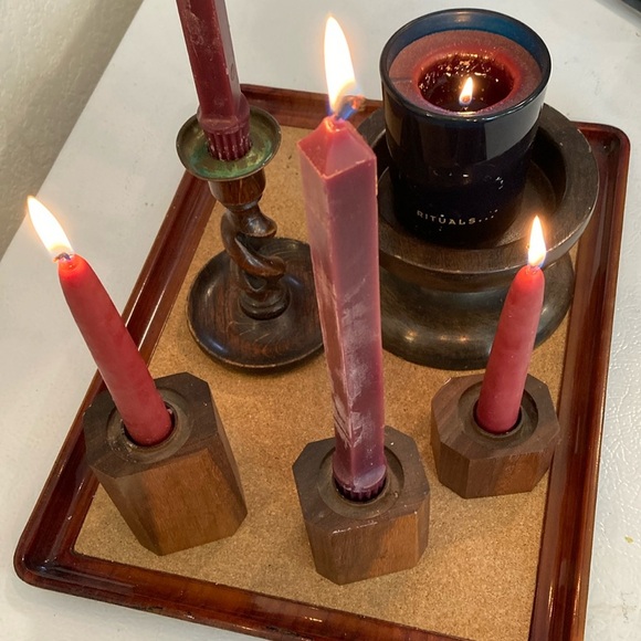 Set/5 Dark Candle Holders 3 Dark Walnut Stacking, 2 Hand Turned Candles decor - Picture 2 of 16